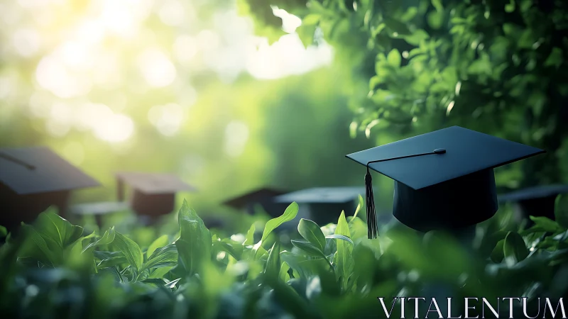 Graduation caps rest on foliage in soft outdoor light