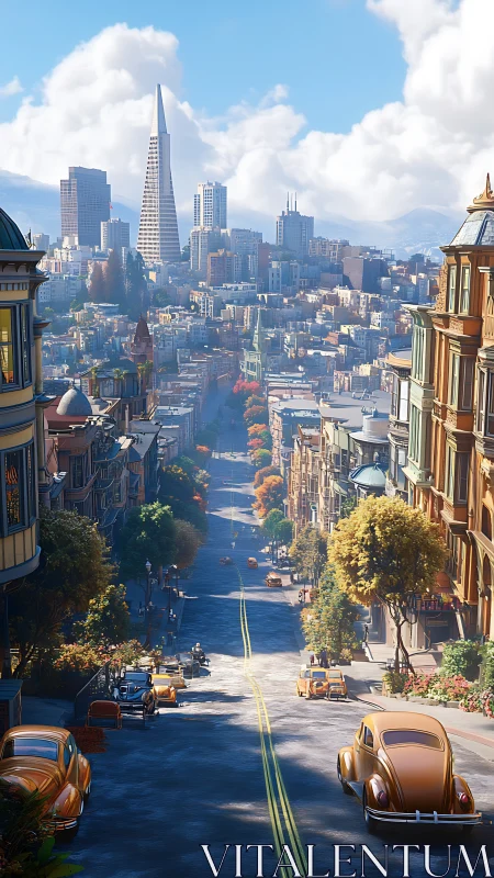 Steep urban street view toward central high‑rise skyline.