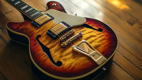 Semi-hollow electric guitar displays quilted maple sunburst top