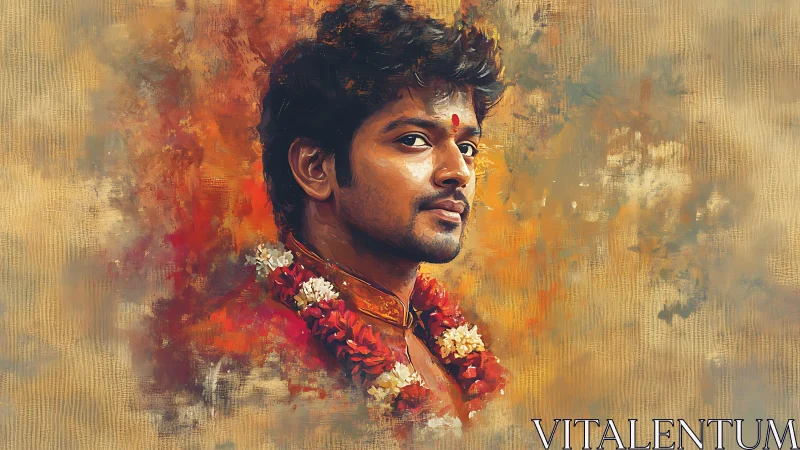 Textured digital portrait of garlanded man in warm tones.