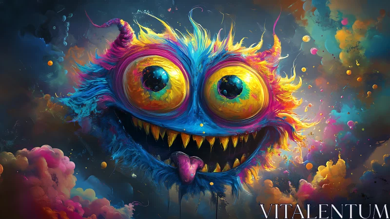 Colorful horned monster face in abstract cosmic clouds.