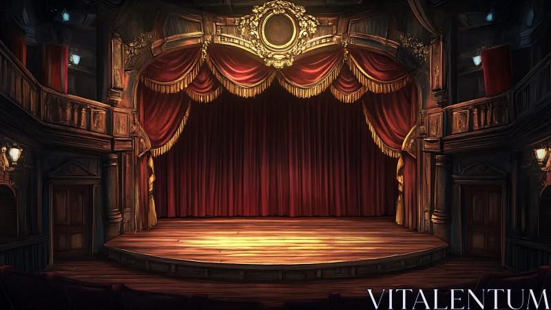 Interior view of classic proscenium theater stage at rest.
