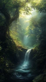 Enchanted Rainforest Waterfall with Divine Light