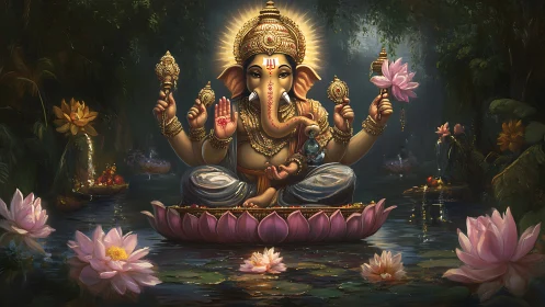 Lotus-throned Ganesha glows in a moonlit jungle sanctuary.