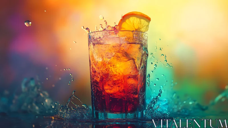 Iced Beverage Splash Against Colorful Neon Gradient Backdrop