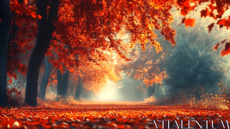 Atmospheric Autumn Forest Scene with Golden Hour Luminosity and Volumetric Light Scattering