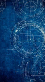 Futuristic circular interface blueprint on deep blue field.