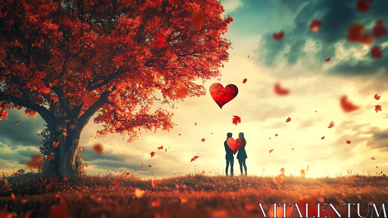 Couple beneath crimson tree holding shared heart.
