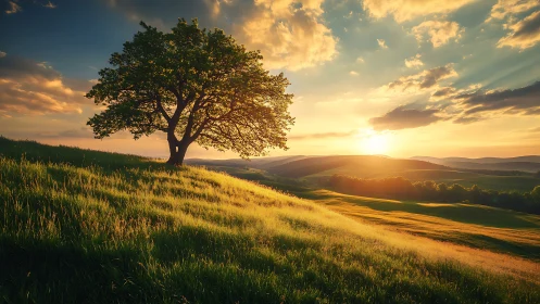 Majestic Oak Tree on Rolling Hills at Golden Sunset, Natural Style.