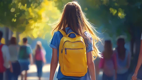 Girl with Yellow Backpack Walking to School, Vibrant Morning Scene.