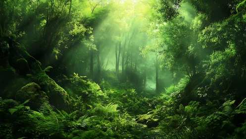 Dense misty forest canopy with moss-covered ground and radiating light rays
