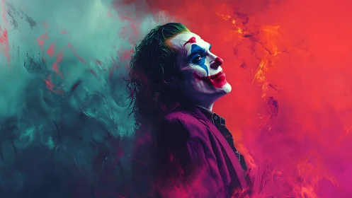 Tormented clown portrait amid teal and crimson smoke clouds.