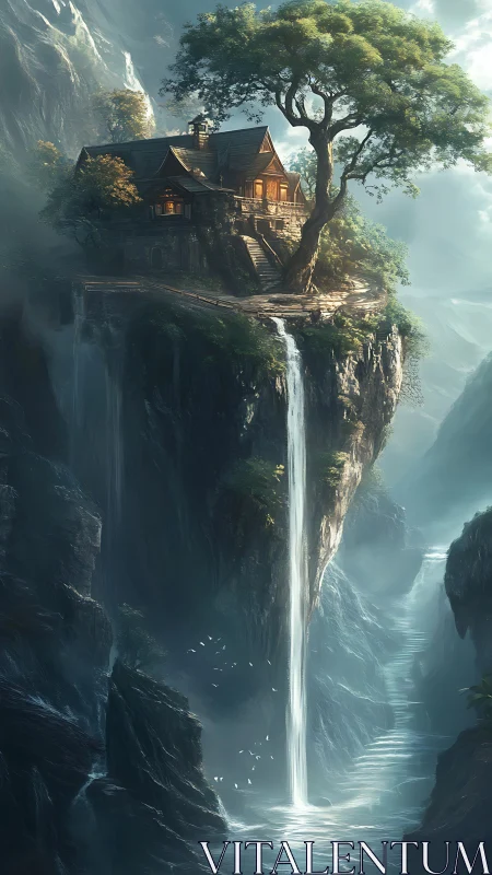 Clifftop house overlooks vertical waterfall in misty gorge