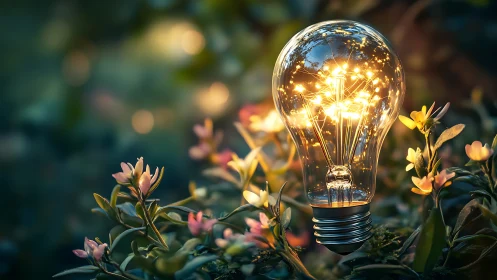 Glowing garden lightbulb gently brightens a dreamy flower bed