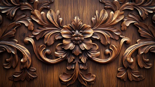 Ornate carved wood floral relief with baroque scrollwork.