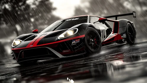 Rain-soaked race car holds steady power on a shining track