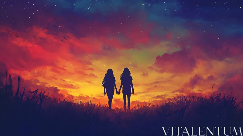 Digital painting of silhouetted friends in sunset gradient sky.