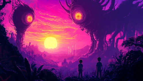 Colossal alien sentinels confronting children at neon sunset.