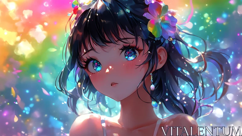 Stargazed girl in a rainbow dream of drifting light.