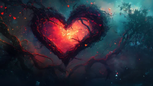 Luminous Heart Blooms Within Gnarled Branches of Magic