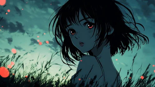 Anime girl in field under teal sky with glowing embers.