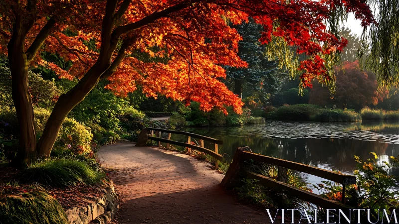 Amber canopy over a winding lakeside path at hush-hour dusk.