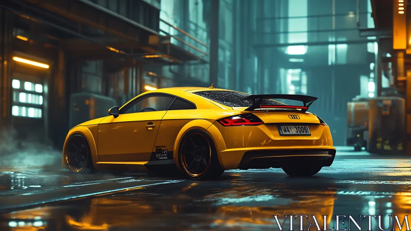 Neon-drenched yellow Audi prowls a cinematic night garage.