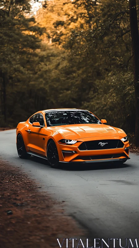 Orange sports coupe on forest road in soft evening light.