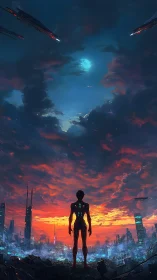 Cybernetic sentinel overlooking neon city at incendiary dusk.