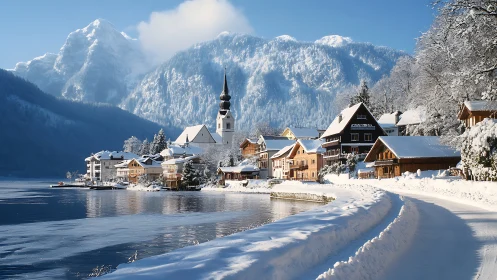 Snow covered lakeside village is framed by winter mountains