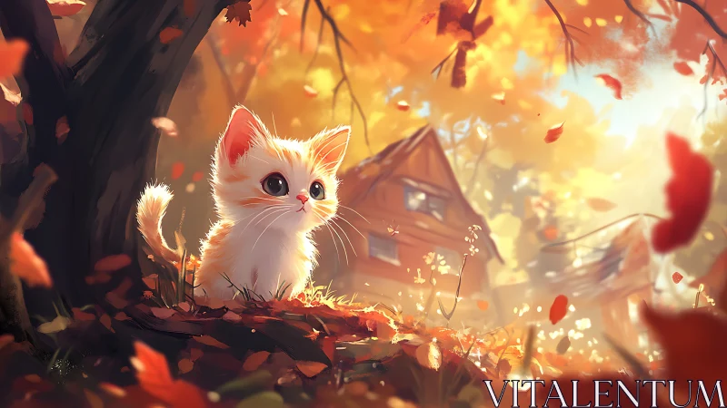 White kitten in autumn glow surrounded by falling leaves and warm light