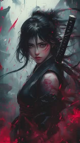 Fierce warrior woman stands poised in swirling crimson energy