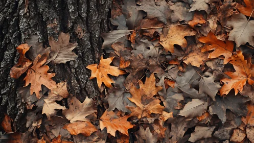 Autumn oak leaves rest softly against dark textured tree bark