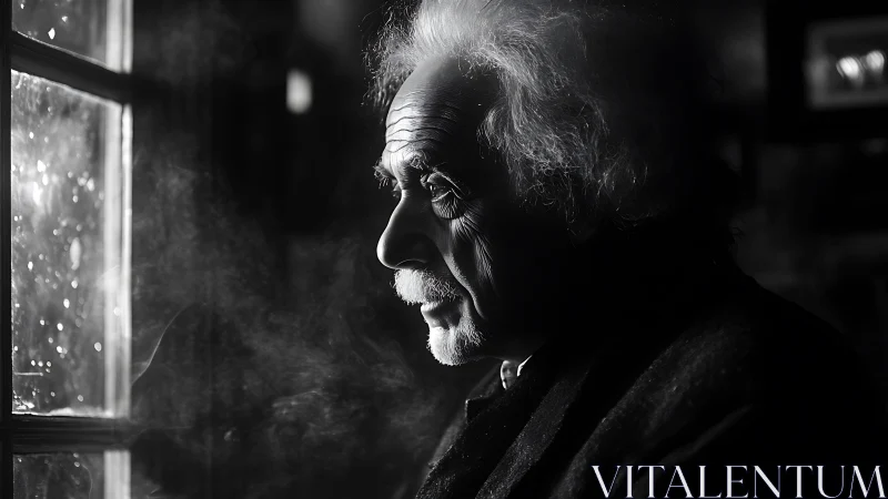 High-contrast side-lit elderly man in contemplative window profile