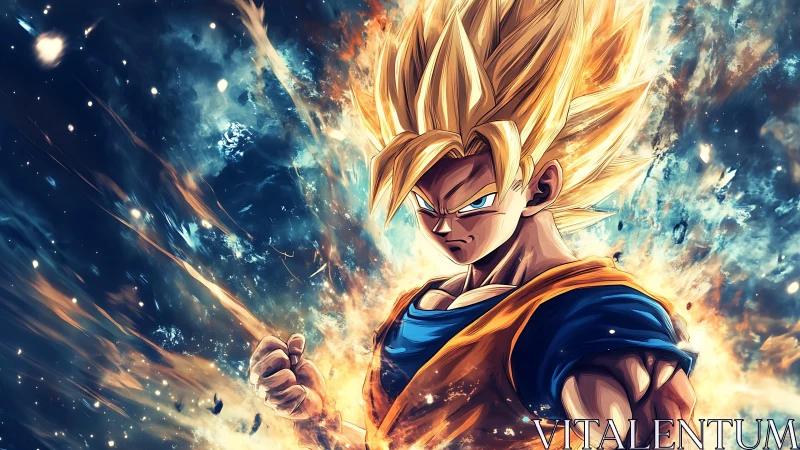 Blond anime warrior charging power in cosmic energy field.