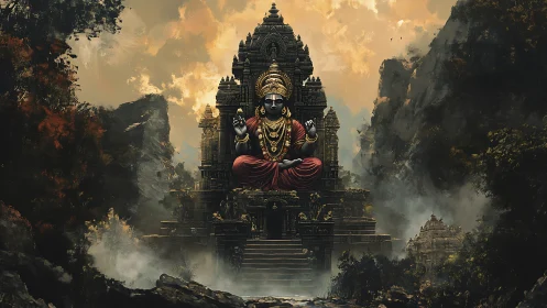 Divine stone deity sits enthroned above misty mountain temple
