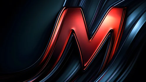 Glossy Red Metallic Letter M on Dark Abstract Background.