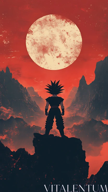 Spiky haired warrior silhouette stands before vast red moon