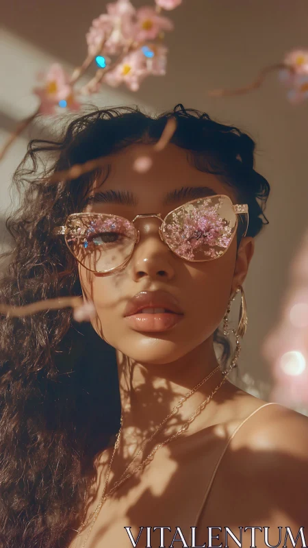 Spring portrait with floral-reflection glasses in soft bokeh light.