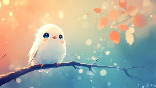 Cute white bird on branch in dreamy pastel digital art style.