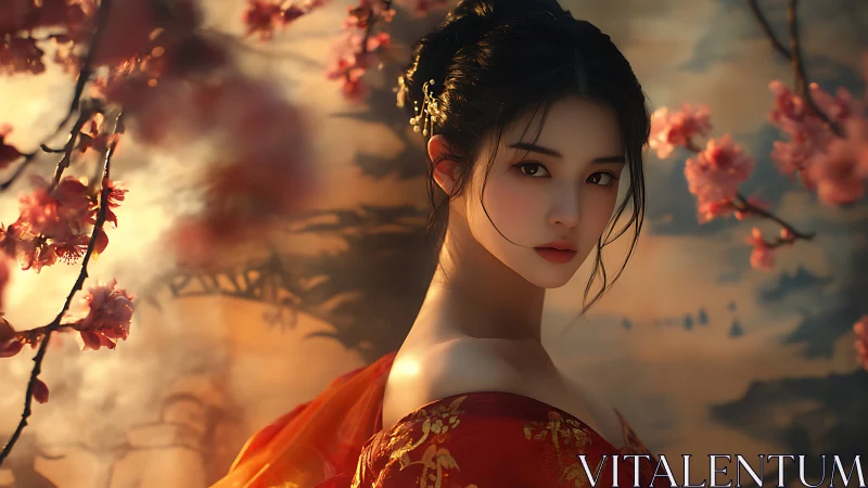 Radiant geisha portrait amid cinematic bokeh sakura bloom.