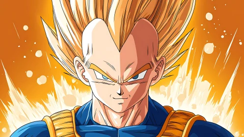 Super Saiyan warrior portrait amid blazing aura field.