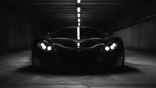 Low-lit sports car front view in dark concrete tunnel