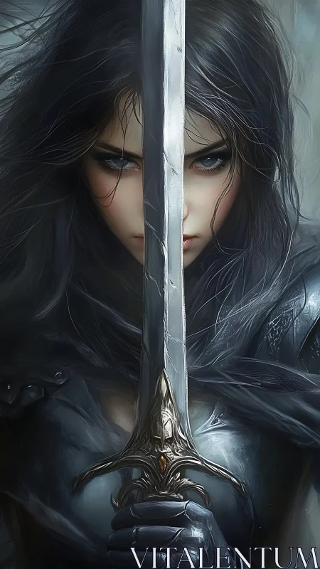 Dark haired female warrior stares past vertical sword blade