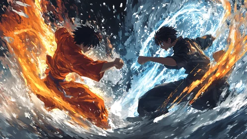 Elemental duel between fire and water martial artists.