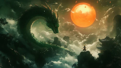 Green dragon coils in stormy sky before glowing orange sun.