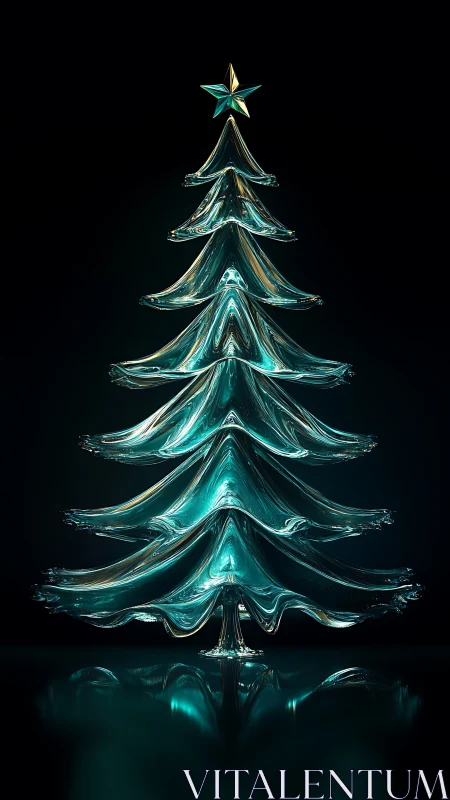 Translucent glass tree sculpture with star on dark background.