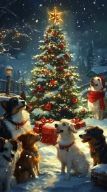 Canine carolers circle a glowing snowy Christmas tree centerpiece.