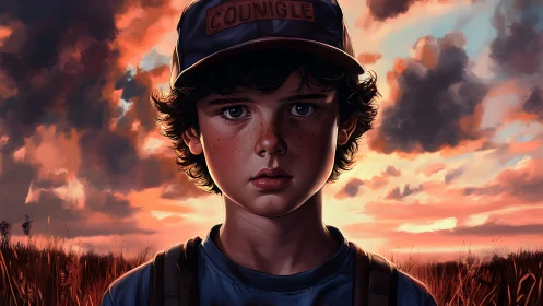 Backlit rural boy rendered with high-contrast sunset rim lighting