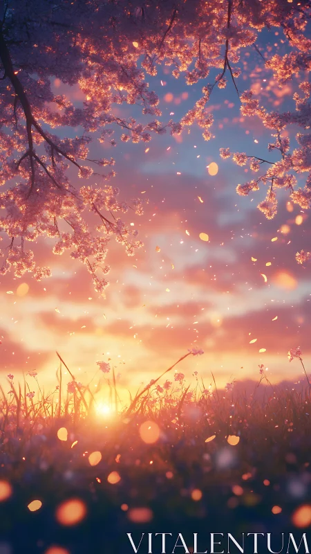 Dreamy cherry blossoms drift across a glowing spring sunset